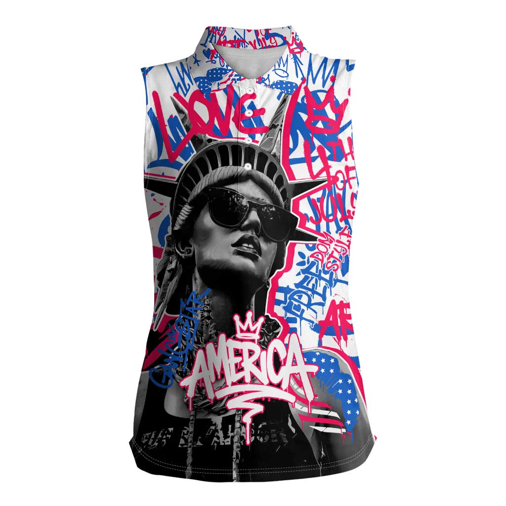 Statue of Liberty Graffiti Street Art Women Sleeveless Polo Shirt America Text and 4th of July Theme in Red White and Blue Design - Wonder Print Shop