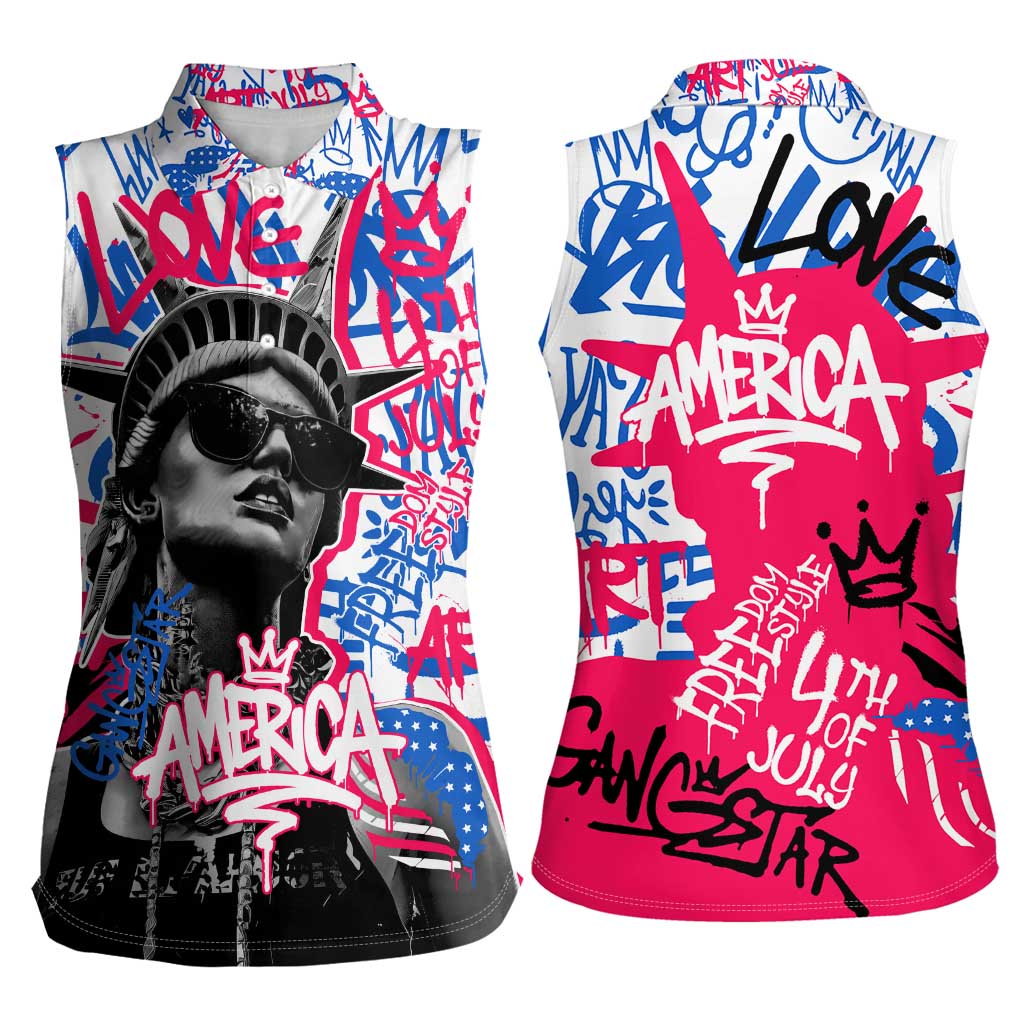 Statue of Liberty Graffiti Street Art Women Sleeveless Polo Shirt America Text and 4th of July Theme in Red White and Blue Design - Wonder Print Shop
