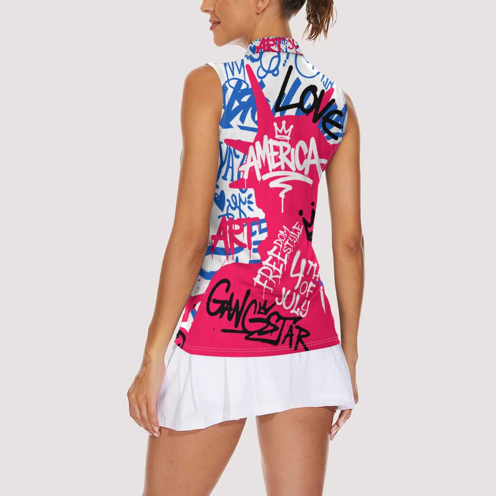 Statue of Liberty Graffiti Street Art Women Sleeveless Polo Shirt America Text and 4th of July Theme in Red White and Blue Design - Wonder Print Shop
