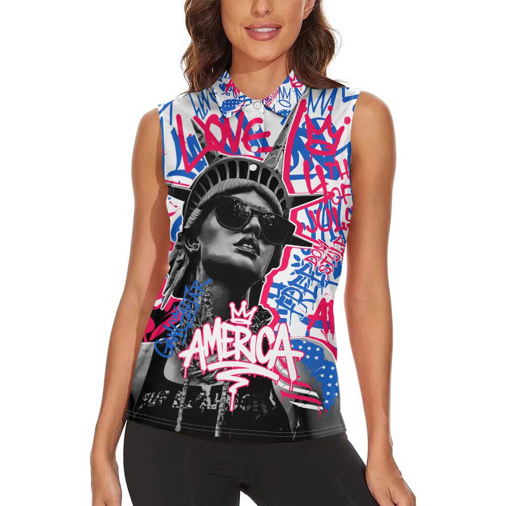 Statue of Liberty Graffiti Street Art Women Sleeveless Polo Shirt America Text and 4th of July Theme in Red White and Blue Design - Wonder Print Shop