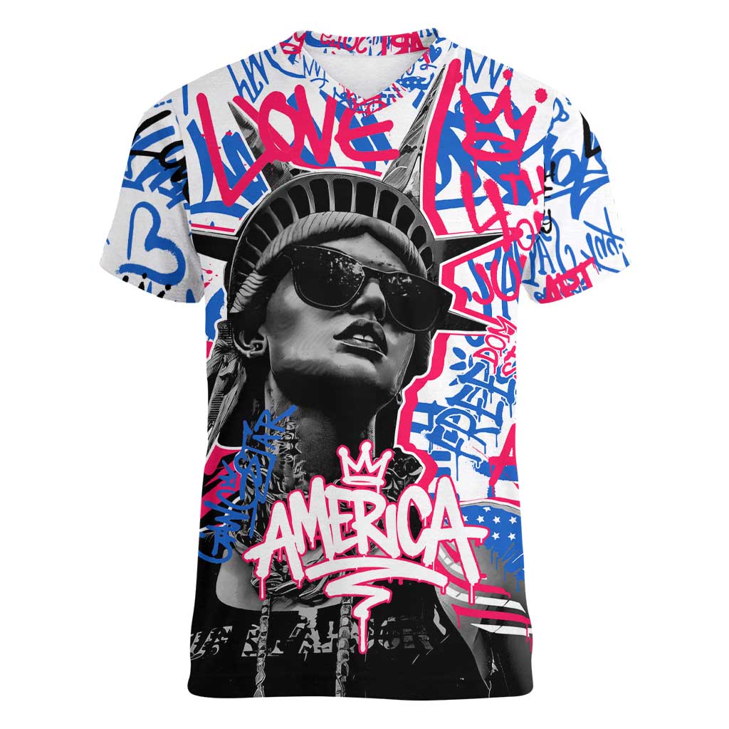 Statue of Liberty Graffiti Street Art Women V-Neck T-Shirt America Text and 4th of July Theme in Red White and Blue Design - Wonder Print Shop