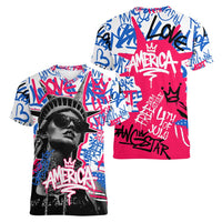 Statue of Liberty Graffiti Street Art Women V-Neck T-Shirt America Text and 4th of July Theme in Red White and Blue Design - Wonder Print Shop