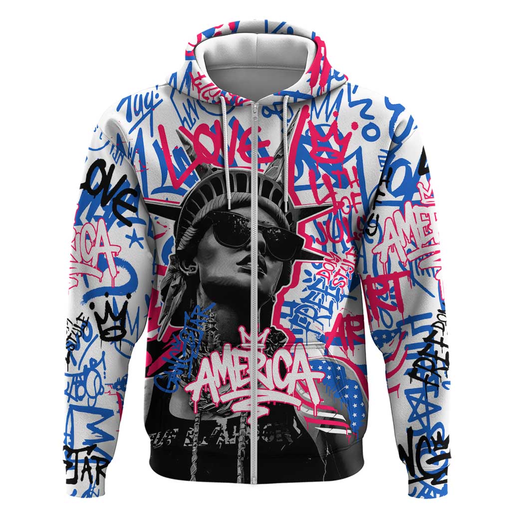 Statue of Liberty Graffiti Street Art Zip Hoodie America Text and 4th of July Theme in Red White and Blue Design - Wonder Print Shop