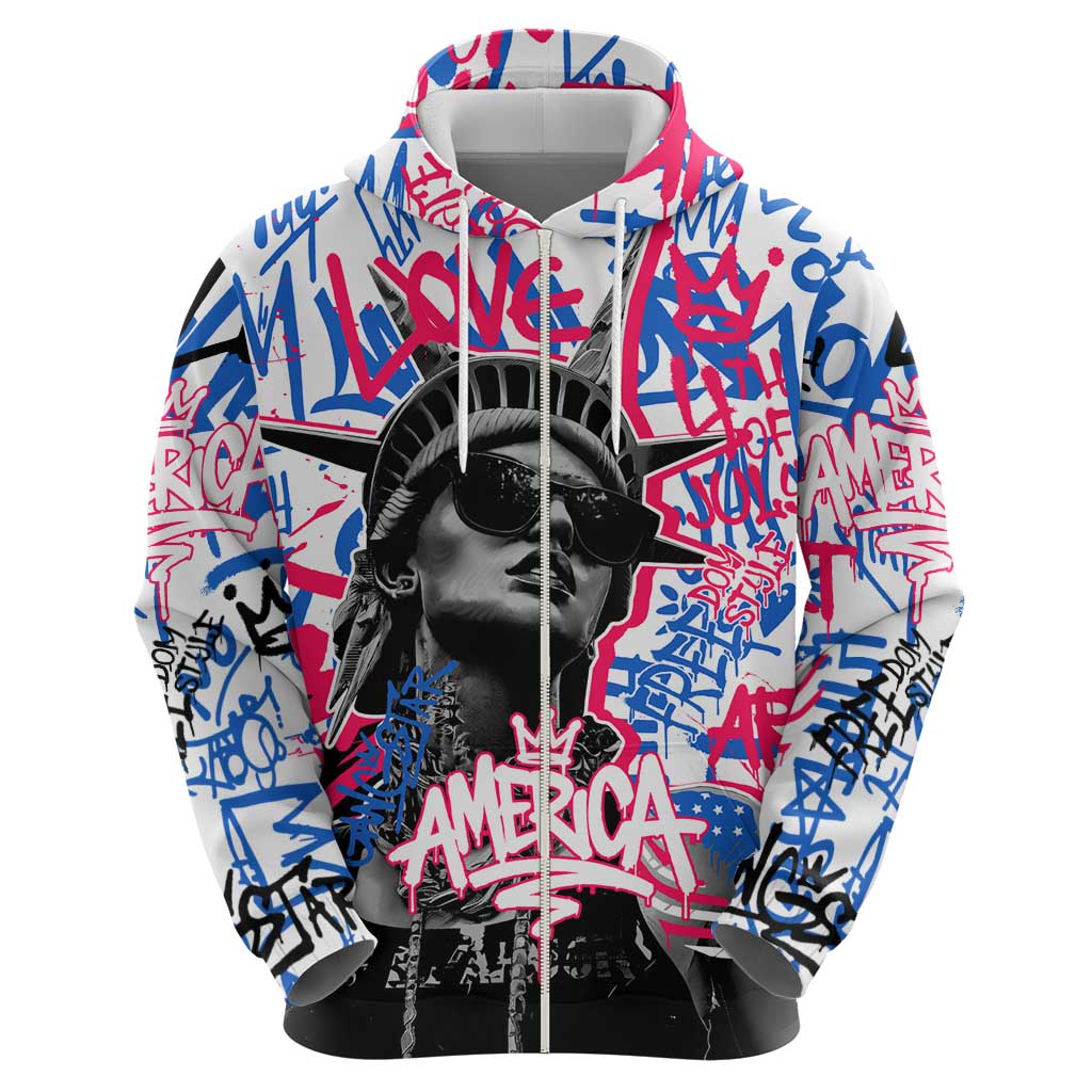 Statue of Liberty Graffiti Street Art Zip Hoodie America Text and 4th of July Theme in Red White and Blue Design - Wonder Print Shop