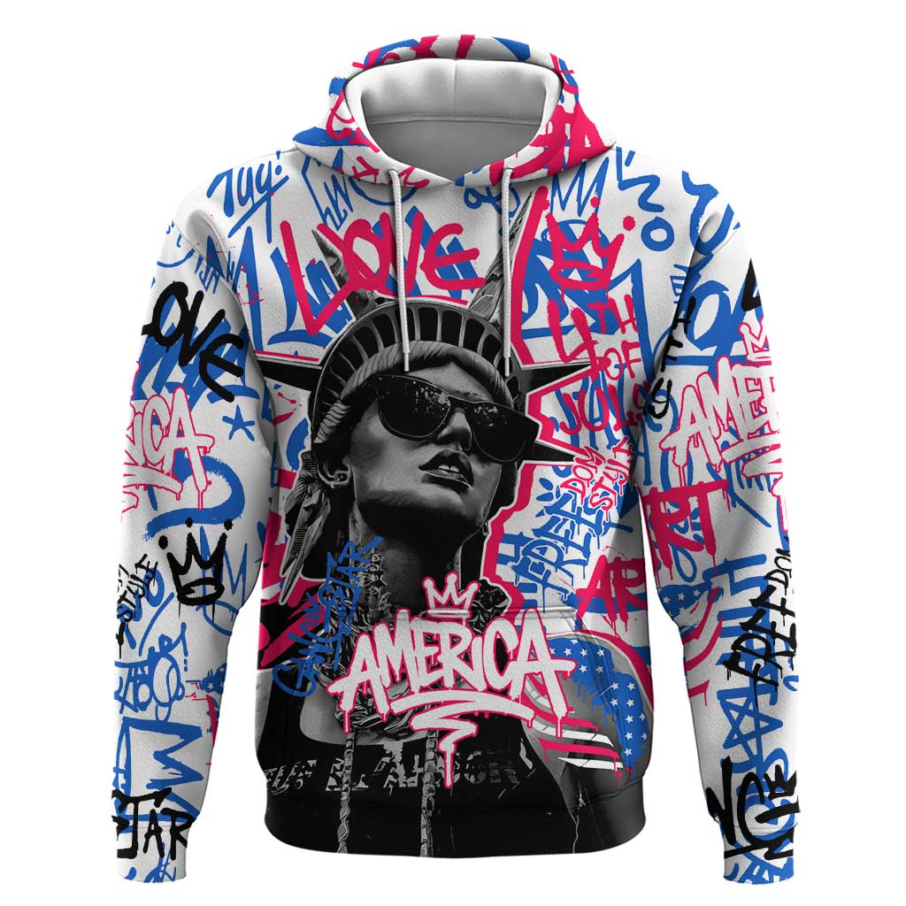 Statue of Liberty Graffiti Street Art Zip Hoodie America Text and 4th of July Theme in Red White and Blue Design - Wonder Print Shop