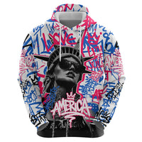 Statue of Liberty Graffiti Street Art Zip Hoodie America Text and 4th of July Theme in Red White and Blue Design - Wonder Print Shop