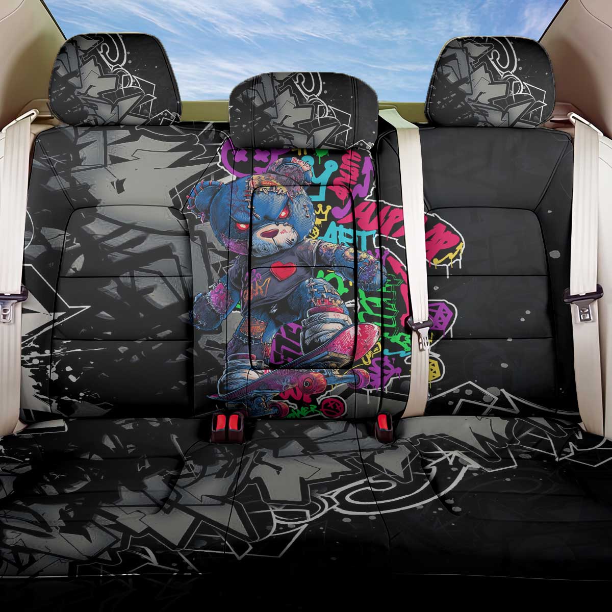 Teddy Bear Hip Hop Graffiti Street Art Back Car Seat Cover Crown Shades and Colorful Spray Paint Design - Wonder Print Shop