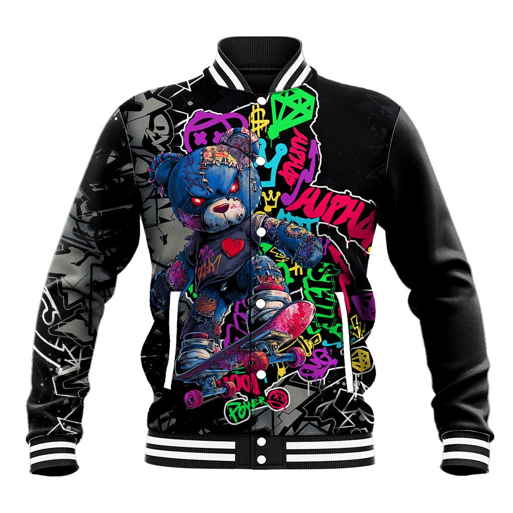 Teddy Bear Hip Hop Graffiti Street Art Baseball Jacket Crown Shades and Colorful Spray Paint Design - Wonder Print Shop