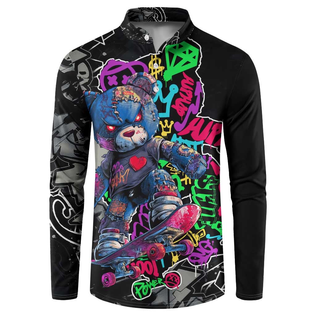 Teddy Bear Hip Hop Graffiti Street Art Button Sweatshirt Crown Shades and Colorful Spray Paint Design - Wonder Print Shop