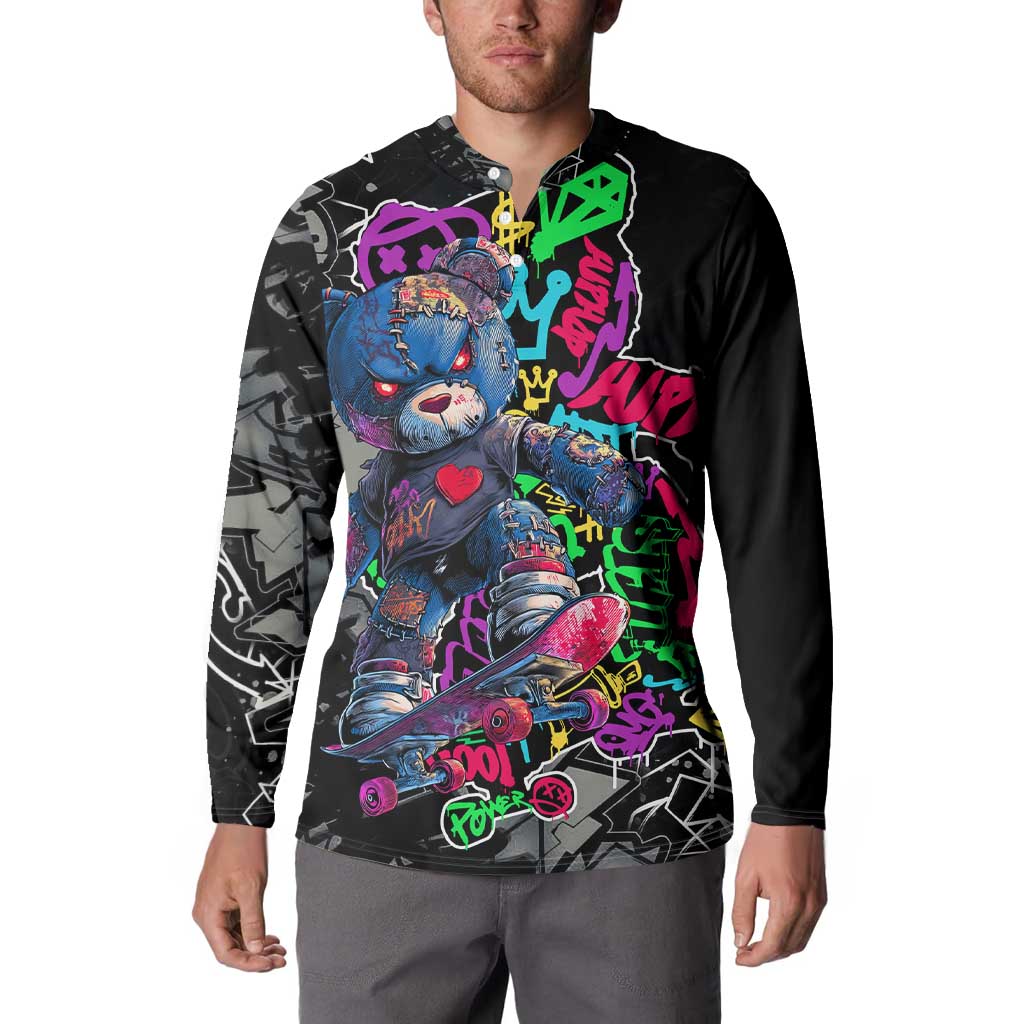 Teddy Bear Hip Hop Graffiti Street Art Button Sweatshirt Crown Shades and Colorful Spray Paint Design - Wonder Print Shop