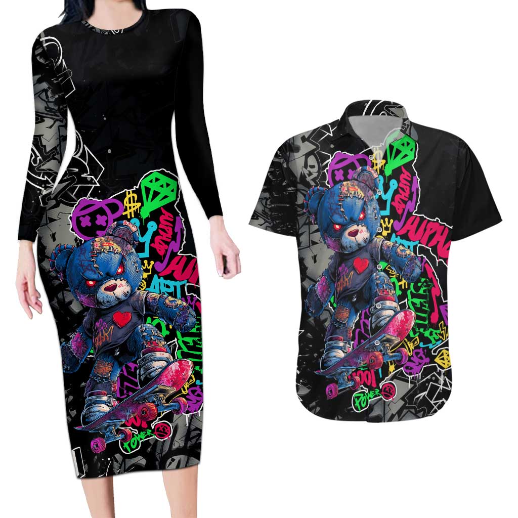 Teddy Bear Hip Hop Graffiti Street Art Couples Matching Long Sleeve Bodycon Dress and Hawaiian Shirt Crown Shades and Colorful Spray Paint Design - Wonder Print Shop