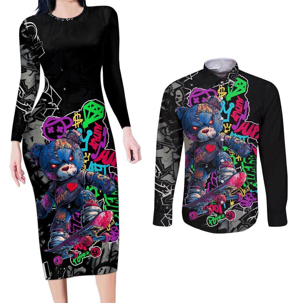 Teddy Bear Hip Hop Graffiti Street Art Couples Matching Long Sleeve Bodycon Dress and Long Sleeve Button Shirt Crown Shades and Colorful Spray Paint Design - Wonder Print Shop