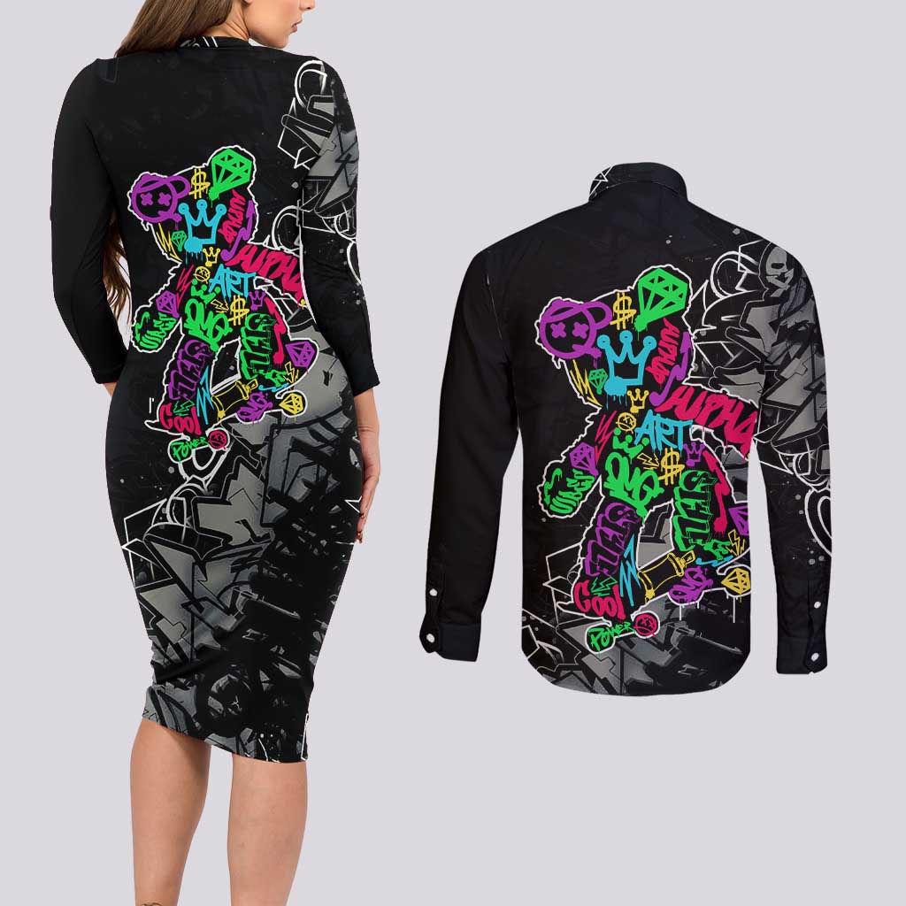 Teddy Bear Hip Hop Graffiti Street Art Couples Matching Long Sleeve Bodycon Dress and Long Sleeve Button Shirt Crown Shades and Colorful Spray Paint Design - Wonder Print Shop