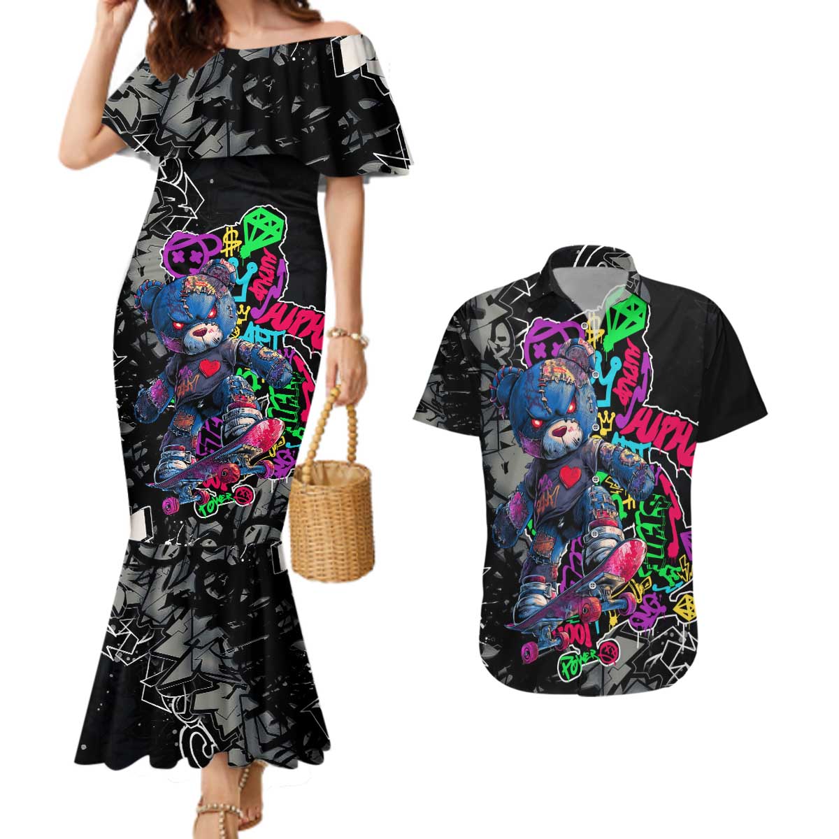 Teddy Bear Hip Hop Graffiti Street Art Couples Matching Mermaid Dress and Hawaiian Shirt Crown Shades and Colorful Spray Paint Design - Wonder Print Shop