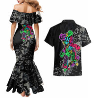 Teddy Bear Hip Hop Graffiti Street Art Couples Matching Mermaid Dress and Hawaiian Shirt Crown Shades and Colorful Spray Paint Design - Wonder Print Shop
