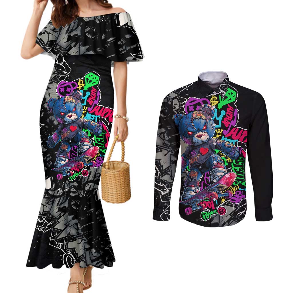 Teddy Bear Hip Hop Graffiti Street Art Couples Matching Mermaid Dress and Long Sleeve Button Shirt Crown Shades and Colorful Spray Paint Design - Wonder Print Shop