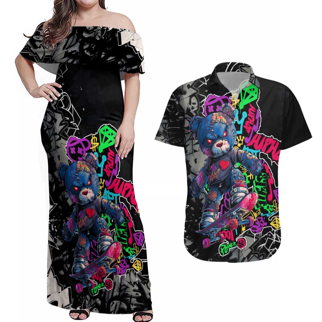 Teddy Bear Hip Hop Graffiti Street Art Couples Matching Off Shoulder Maxi Dress and Hawaiian Shirt Crown Shades and Colorful Spray Paint Design - Wonder Print Shop
