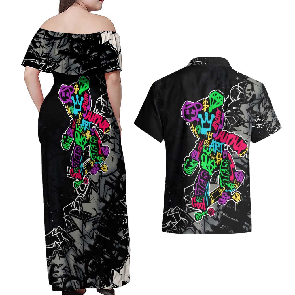 Teddy Bear Hip Hop Graffiti Street Art Couples Matching Off Shoulder Maxi Dress and Hawaiian Shirt Crown Shades and Colorful Spray Paint Design - Wonder Print Shop