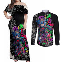 Teddy Bear Hip Hop Graffiti Street Art Couples Matching Off Shoulder Maxi Dress and Long Sleeve Button Shirt Crown Shades and Colorful Spray Paint Design - Wonder Print Shop