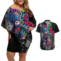 Teddy Bear Hip Hop Graffiti Street Art Couples Matching Off Shoulder Short Dress and Hawaiian Shirt Crown Shades and Colorful Spray Paint Design - Wonder Print Shop