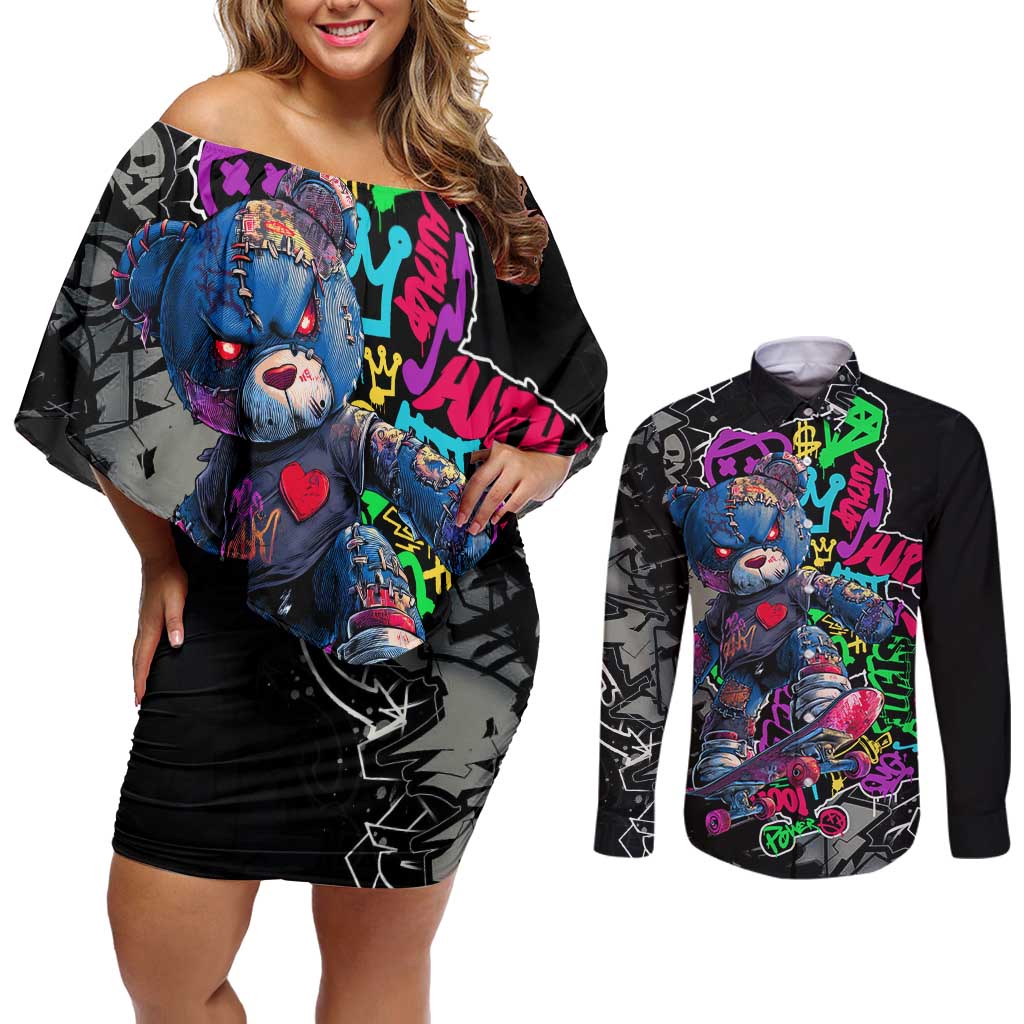Teddy Bear Hip Hop Graffiti Street Art Couples Matching Off Shoulder Short Dress and Long Sleeve Button Shirt Crown Shades and Colorful Spray Paint Design - Wonder Print Shop