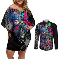 Teddy Bear Hip Hop Graffiti Street Art Couples Matching Off Shoulder Short Dress and Long Sleeve Button Shirt Crown Shades and Colorful Spray Paint Design - Wonder Print Shop
