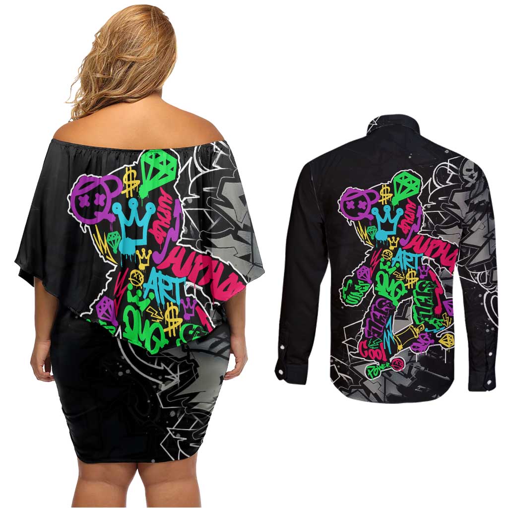 Teddy Bear Hip Hop Graffiti Street Art Couples Matching Off Shoulder Short Dress and Long Sleeve Button Shirt Crown Shades and Colorful Spray Paint Design - Wonder Print Shop