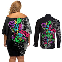 Teddy Bear Hip Hop Graffiti Street Art Couples Matching Off Shoulder Short Dress and Long Sleeve Button Shirt Crown Shades and Colorful Spray Paint Design - Wonder Print Shop