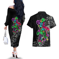 Teddy Bear Hip Hop Graffiti Street Art Couples Matching Off The Shoulder Long Sleeve Dress and Hawaiian Shirt Crown Shades and Colorful Spray Paint Design - Wonder Print Shop