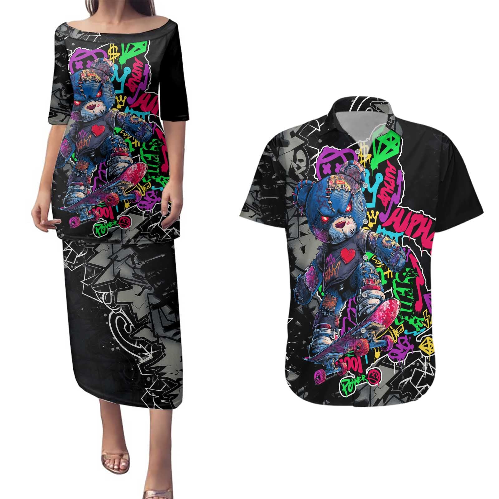 Teddy Bear Hip Hop Graffiti Street Art Couples Matching Puletasi and Hawaiian Shirt Crown Shades and Colorful Spray Paint Design - Wonder Print Shop