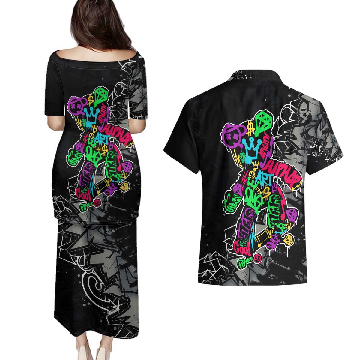 Teddy Bear Hip Hop Graffiti Street Art Couples Matching Puletasi and Hawaiian Shirt Crown Shades and Colorful Spray Paint Design - Wonder Print Shop