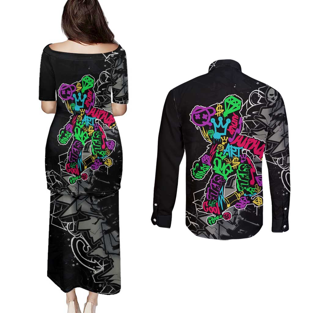 Teddy Bear Hip Hop Graffiti Street Art Couples Matching Puletasi and Long Sleeve Button Shirt Crown Shades and Colorful Spray Paint Design - Wonder Print Shop