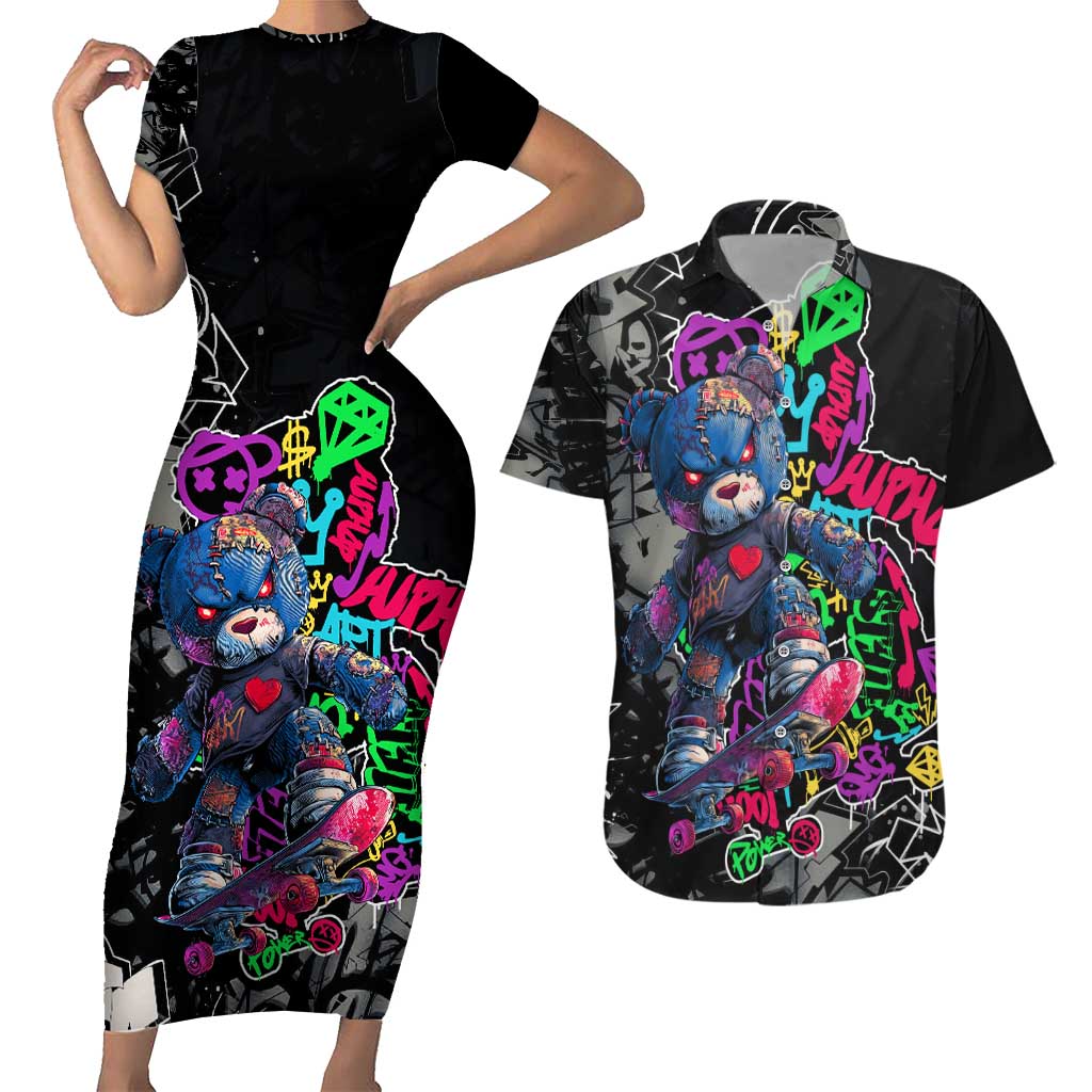 Teddy Bear Hip Hop Graffiti Street Art Couples Matching Short Sleeve Bodycon Dress and Hawaiian Shirt Crown Shades and Colorful Spray Paint Design - Wonder Print Shop