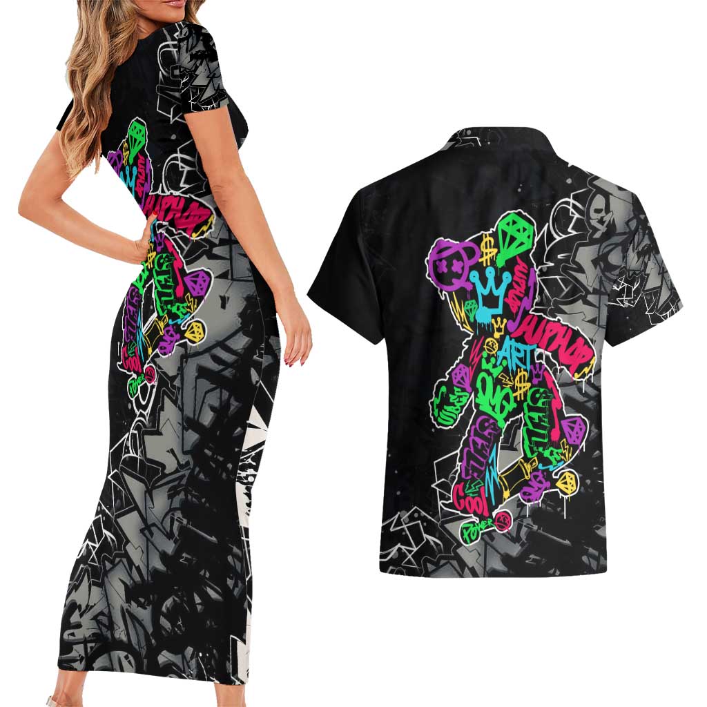 Teddy Bear Hip Hop Graffiti Street Art Couples Matching Short Sleeve Bodycon Dress and Hawaiian Shirt Crown Shades and Colorful Spray Paint Design - Wonder Print Shop