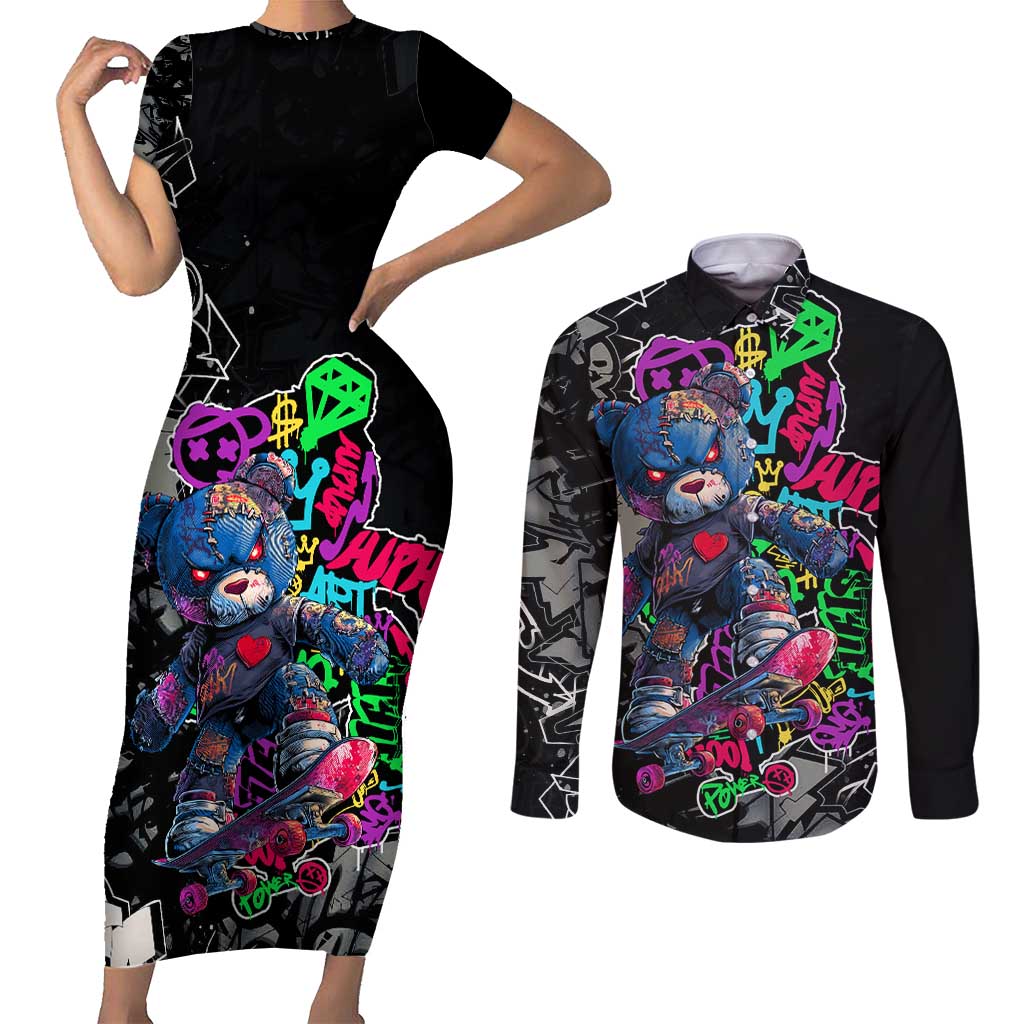 Teddy Bear Hip Hop Graffiti Street Art Couples Matching Short Sleeve Bodycon Dress and Long Sleeve Button Shirt Crown Shades and Colorful Spray Paint Design - Wonder Print Shop