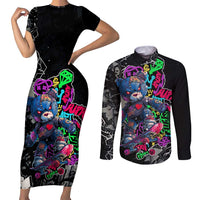 Teddy Bear Hip Hop Graffiti Street Art Couples Matching Short Sleeve Bodycon Dress and Long Sleeve Button Shirt Crown Shades and Colorful Spray Paint Design - Wonder Print Shop