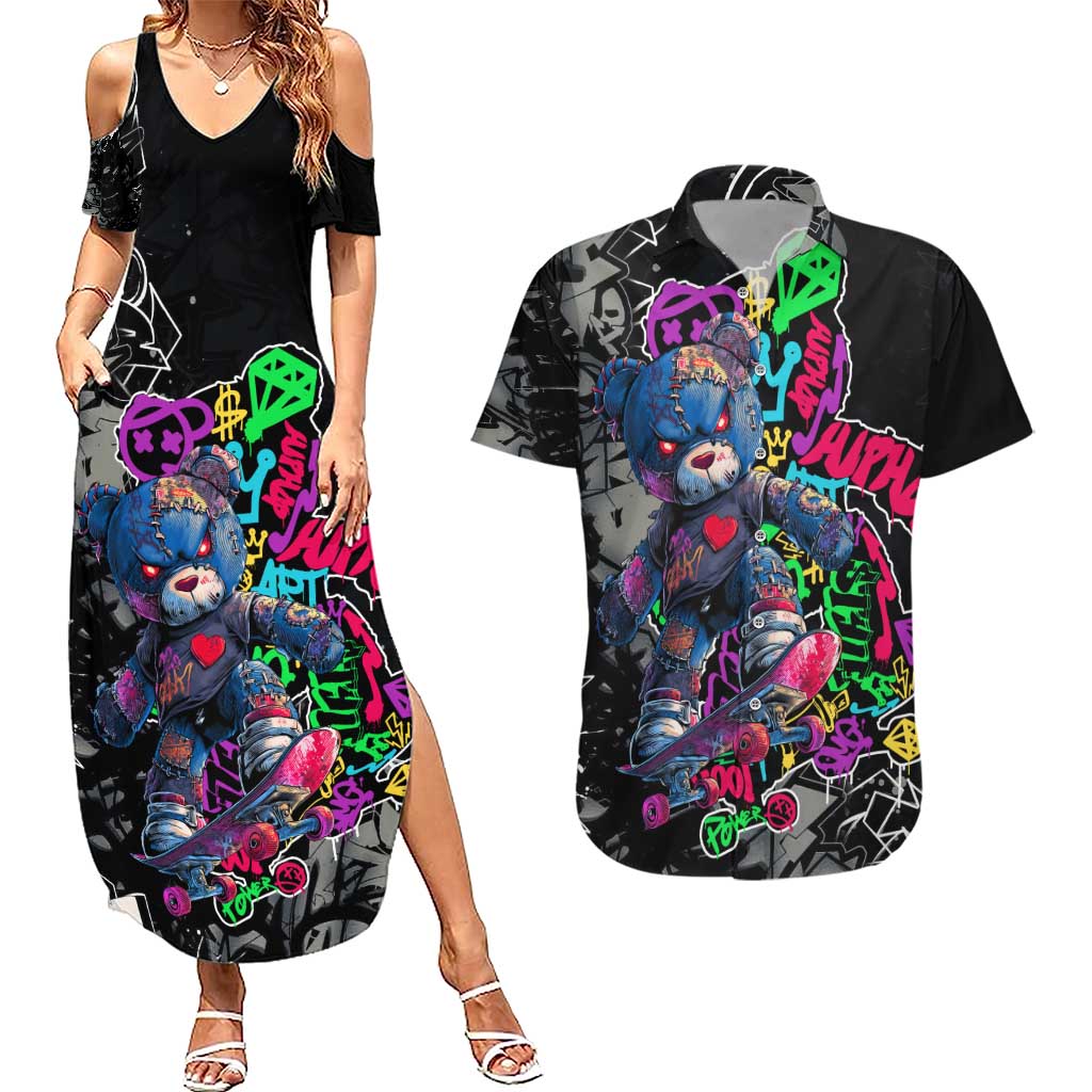 Teddy Bear Hip Hop Graffiti Street Art Couples Matching Summer Maxi Dress and Hawaiian Shirt Crown Shades and Colorful Spray Paint Design - Wonder Print Shop