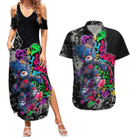 Teddy Bear Hip Hop Graffiti Street Art Couples Matching Summer Maxi Dress and Hawaiian Shirt Crown Shades and Colorful Spray Paint Design - Wonder Print Shop