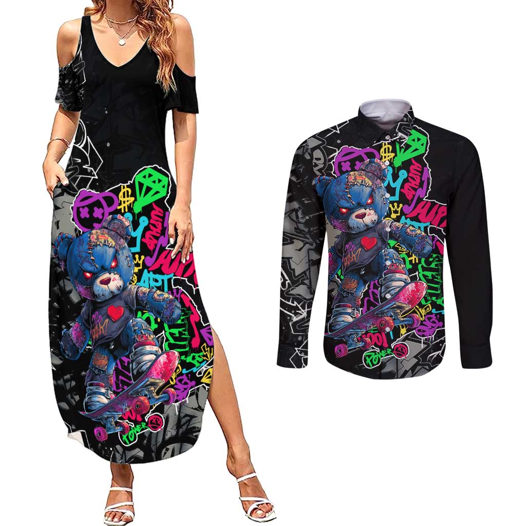 Teddy Bear Hip Hop Graffiti Street Art Couples Matching Summer Maxi Dress and Long Sleeve Button Shirt Crown Shades and Colorful Spray Paint Design - Wonder Print Shop