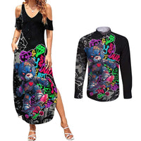 Teddy Bear Hip Hop Graffiti Street Art Couples Matching Summer Maxi Dress and Long Sleeve Button Shirt Crown Shades and Colorful Spray Paint Design - Wonder Print Shop