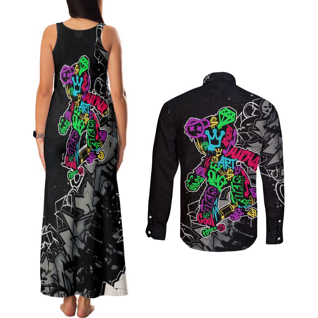 Teddy Bear Hip Hop Graffiti Street Art Couples Matching Tank Maxi Dress and Long Sleeve Button Shirt Crown Shades and Colorful Spray Paint Design - Wonder Print Shop