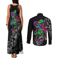 Teddy Bear Hip Hop Graffiti Street Art Couples Matching Tank Maxi Dress and Long Sleeve Button Shirt Crown Shades and Colorful Spray Paint Design - Wonder Print Shop