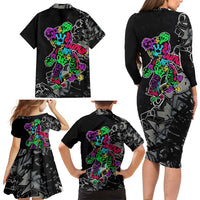 Teddy Bear Hip Hop Graffiti Street Art Family Matching Long Sleeve Bodycon Dress and Hawaiian Shirt Crown Shades and Colorful Spray Paint Design - Wonder Print Shop