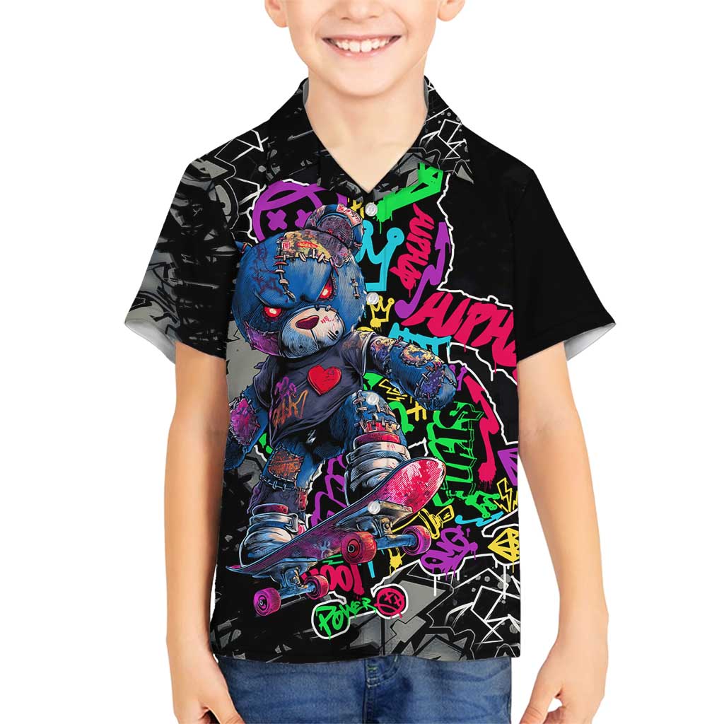 Teddy Bear Hip Hop Graffiti Street Art Family Matching Long Sleeve Bodycon Dress and Hawaiian Shirt Crown Shades and Colorful Spray Paint Design - Wonder Print Shop