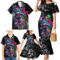 Teddy Bear Hip Hop Graffiti Street Art Family Matching Mermaid Dress and Hawaiian Shirt Crown Shades and Colorful Spray Paint Design - Wonder Print Shop