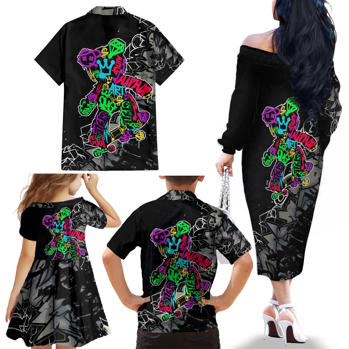 Teddy Bear Hip Hop Graffiti Street Art Family Matching Off The Shoulder Long Sleeve Dress and Hawaiian Shirt Crown Shades and Colorful Spray Paint Design - Wonder Print Shop