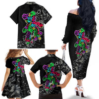 Teddy Bear Hip Hop Graffiti Street Art Family Matching Off The Shoulder Long Sleeve Dress and Hawaiian Shirt Crown Shades and Colorful Spray Paint Design - Wonder Print Shop