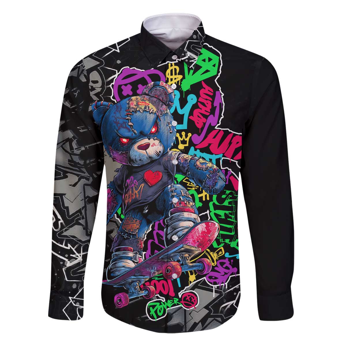 Teddy Bear Hip Hop Graffiti Street Art Family Matching Off The Shoulder Long Sleeve Dress and Hawaiian Shirt Crown Shades and Colorful Spray Paint Design - Wonder Print Shop