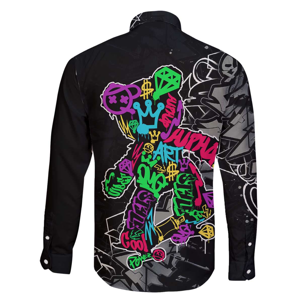 Teddy Bear Hip Hop Graffiti Street Art Family Matching Off The Shoulder Long Sleeve Dress and Hawaiian Shirt Crown Shades and Colorful Spray Paint Design - Wonder Print Shop