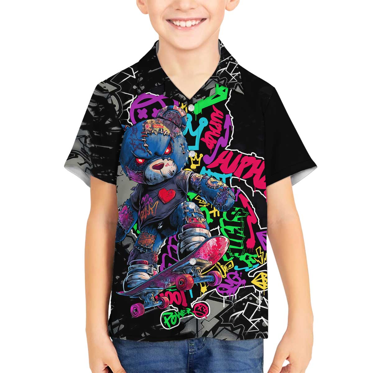 Teddy Bear Hip Hop Graffiti Street Art Family Matching Off The Shoulder Long Sleeve Dress and Hawaiian Shirt Crown Shades and Colorful Spray Paint Design - Wonder Print Shop